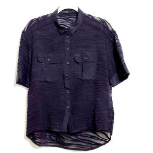 All Saints Textured Semi Sheer Button Up Shirt Black 8